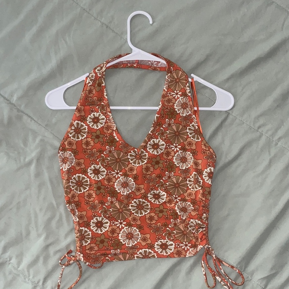 Vibrant Floral Halter Tank Top - Orange